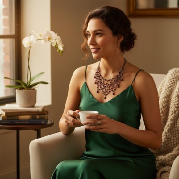 Gothic Victorian Beaded Bib Necklace Cascading Glass Ruby Colored Facets - Picture 3 of 5